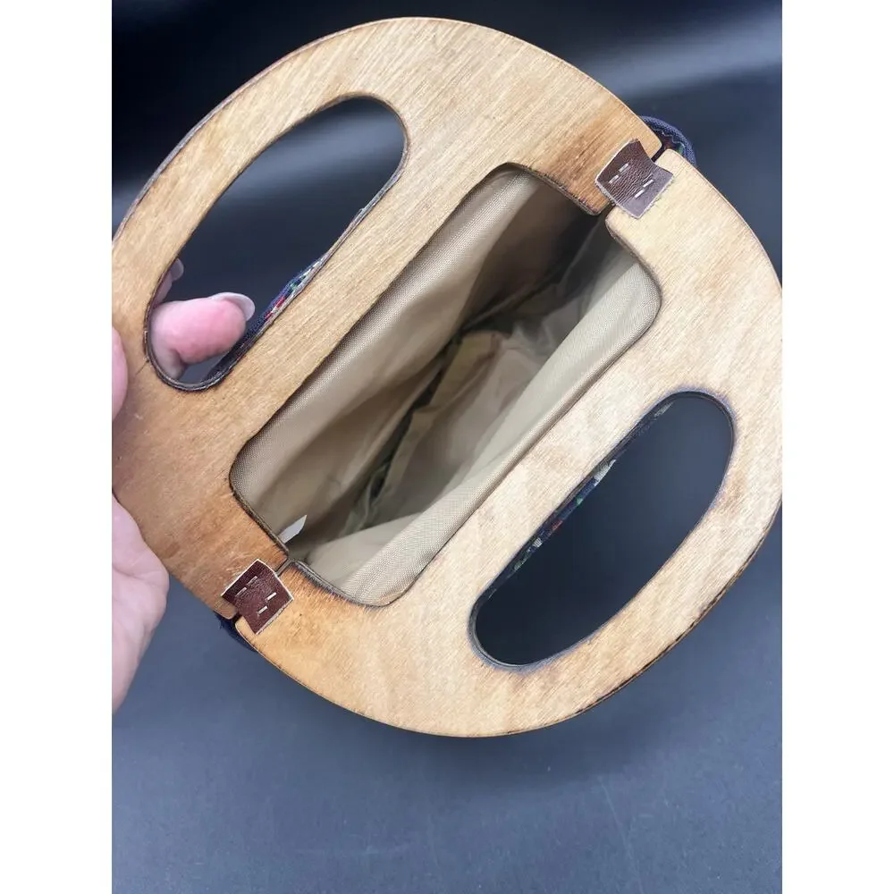 Vintage Bermuda Wooden Handle Bag Purse Blue Reversible Cover Handbag Pocketbook